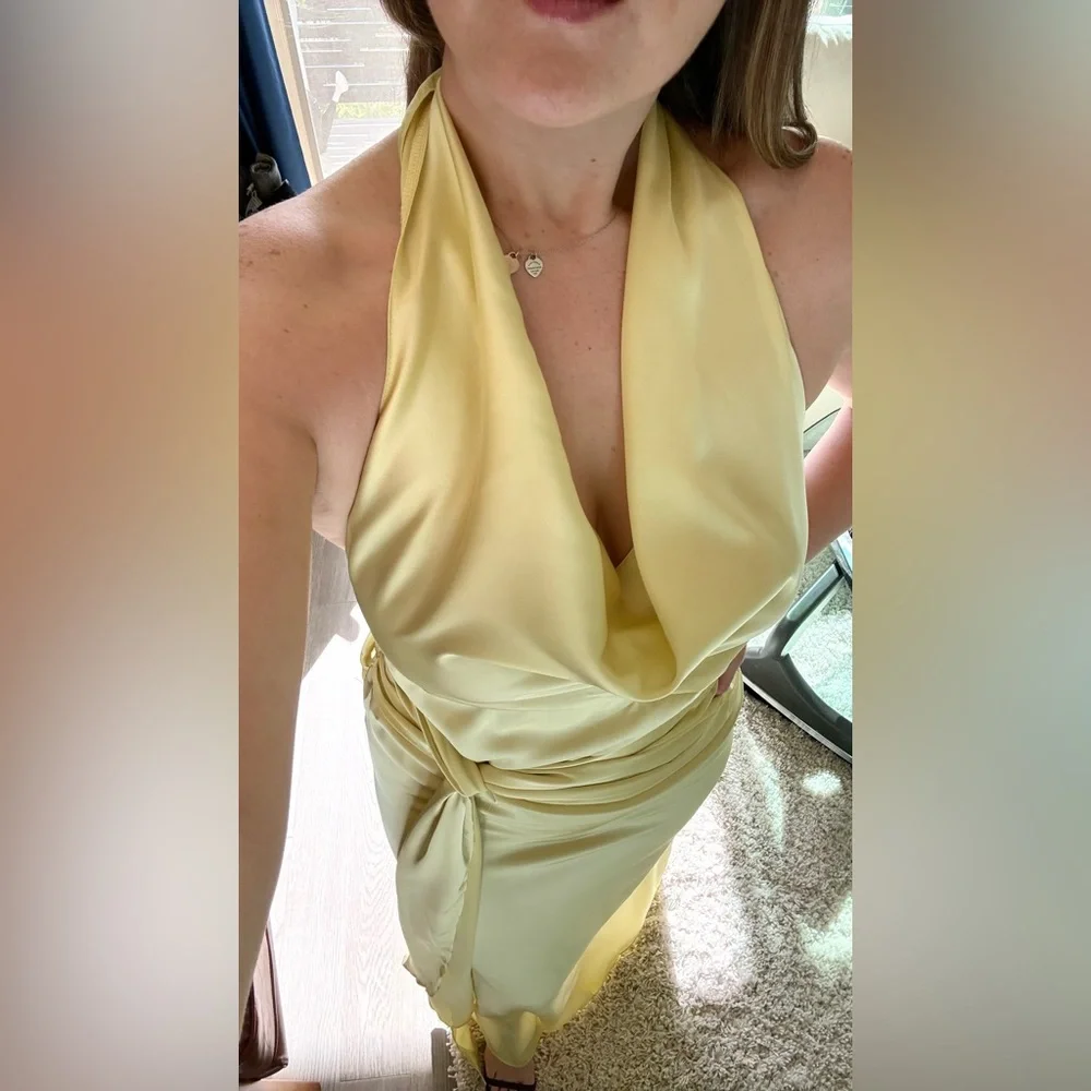 NWT -Yellow Satin Halter Maxi Dress Wedding Guest Prom (Medium) - Picture 8 of 8
